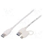 Cablu USB A mufa x2, USB C mufa, USB 3.0, lungime 1m, alb, Goobay - 55561